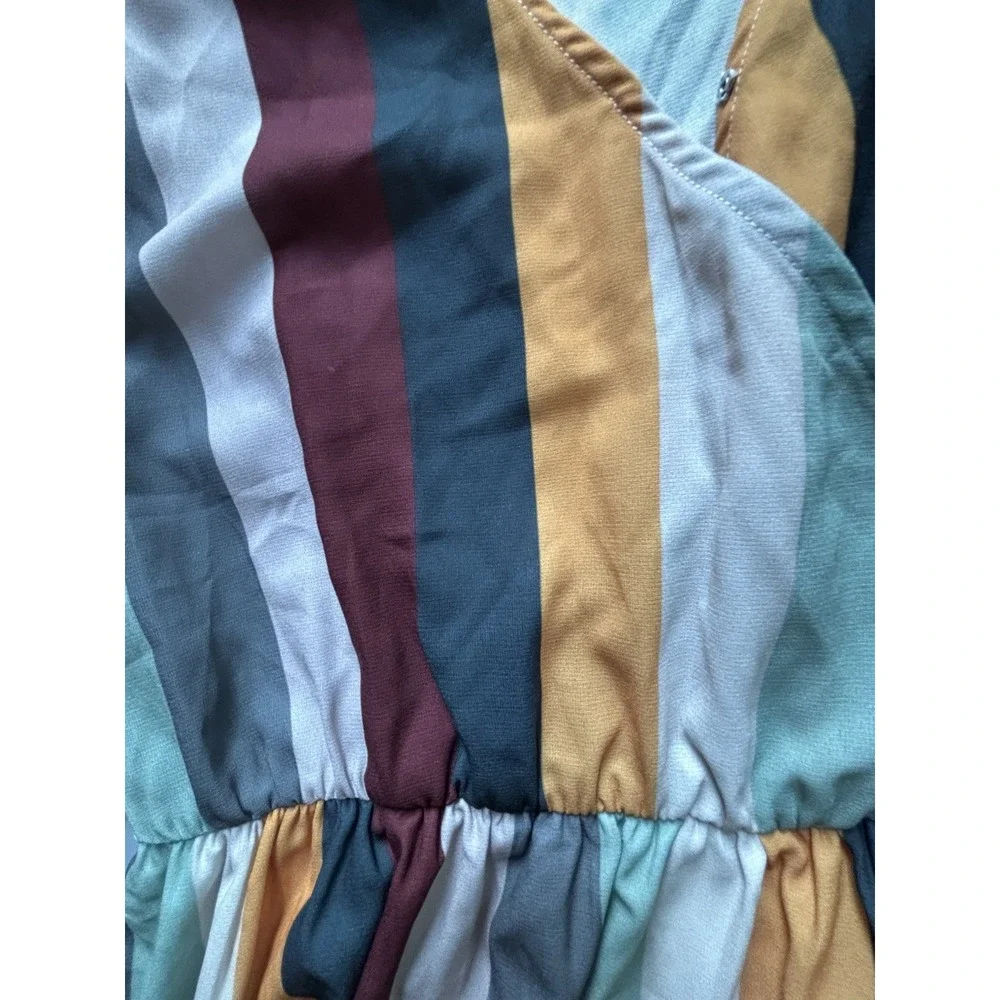 Piper and Scoot Striped Faux Wrap‎ Midi Dress Long Sleeve Boho Size L